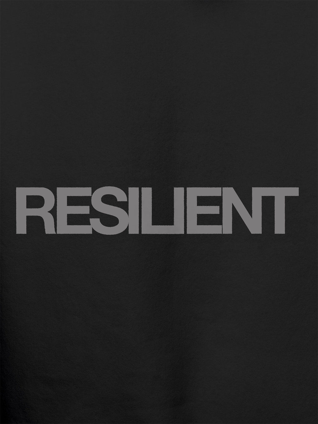 Close up of 'Resilient' design on Men's Dark Grey Hoodie Sweatshirt, highlighting intricate details and vibrant print.