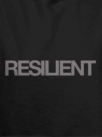 Close up of 'Resilient' design on Women's Dark Grey Hoodie Sweatshirt, highlighting intricate details and vibrant print.