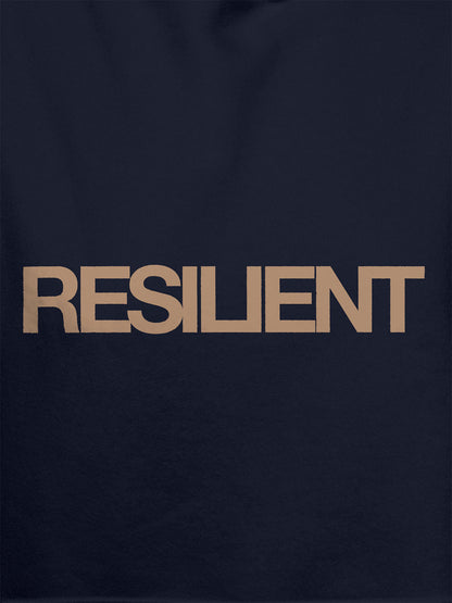 Close up of 'Resilient' design on Women's Navy Blue Hoodie Sweatshirt, highlighting intricate details and vibrant print.