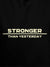 Close up of 'Stronger Than Yesterday' design on Men's Black Hoodie Sweatshirt, highlighting intricate details and vibrant print.