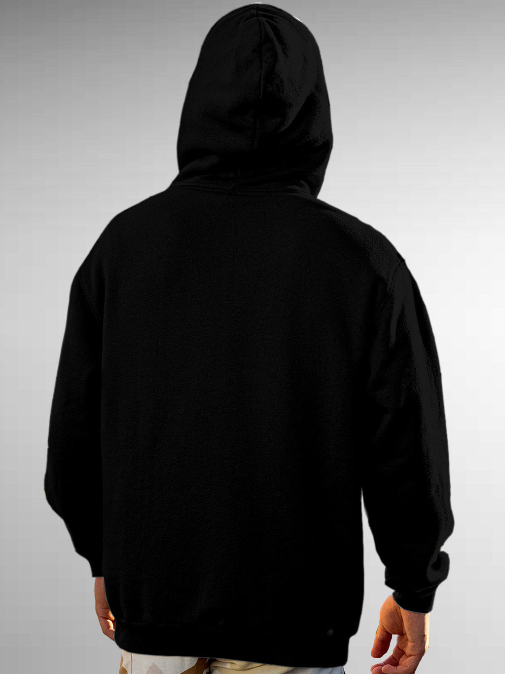 Back view of Fighterhero Men's Black Hoodie Sweatshirt, highlighting the modern look and clean finish