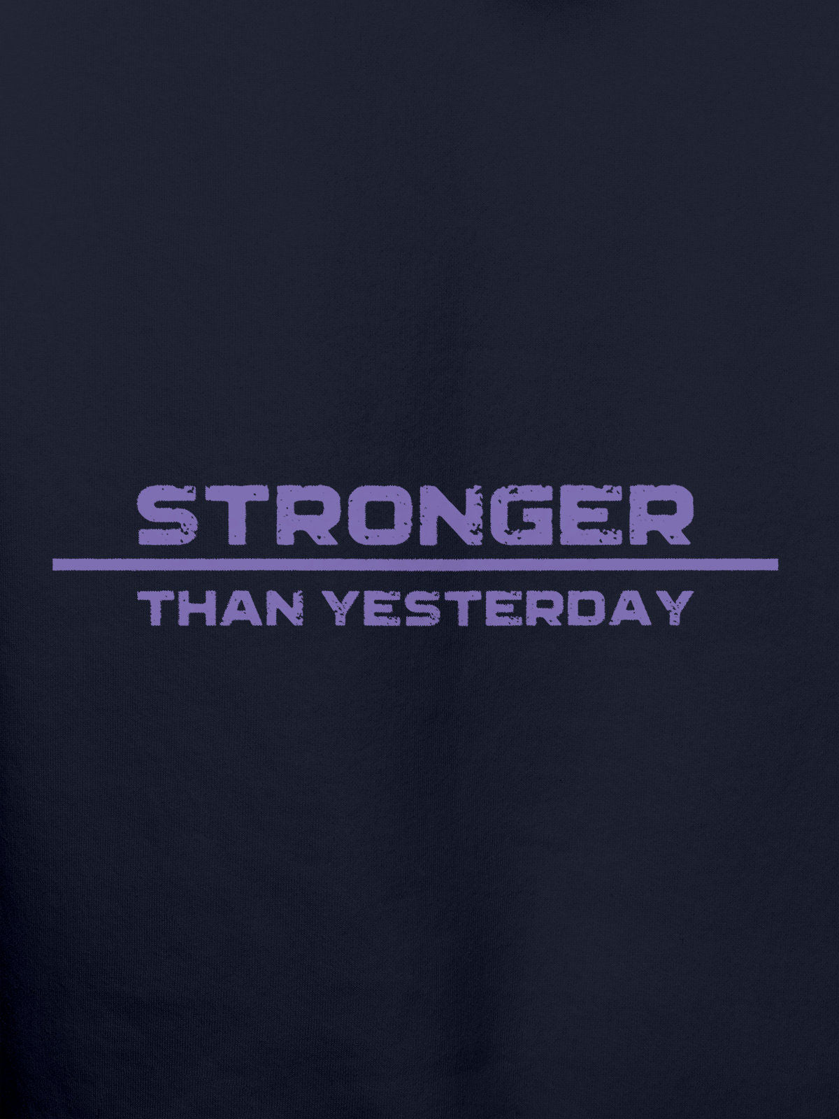 Close up of 'Stronger Than Yesterday' design on Women's Navy Blue Hoodie Sweatshirt, highlighting intricate details and vibrant print.
