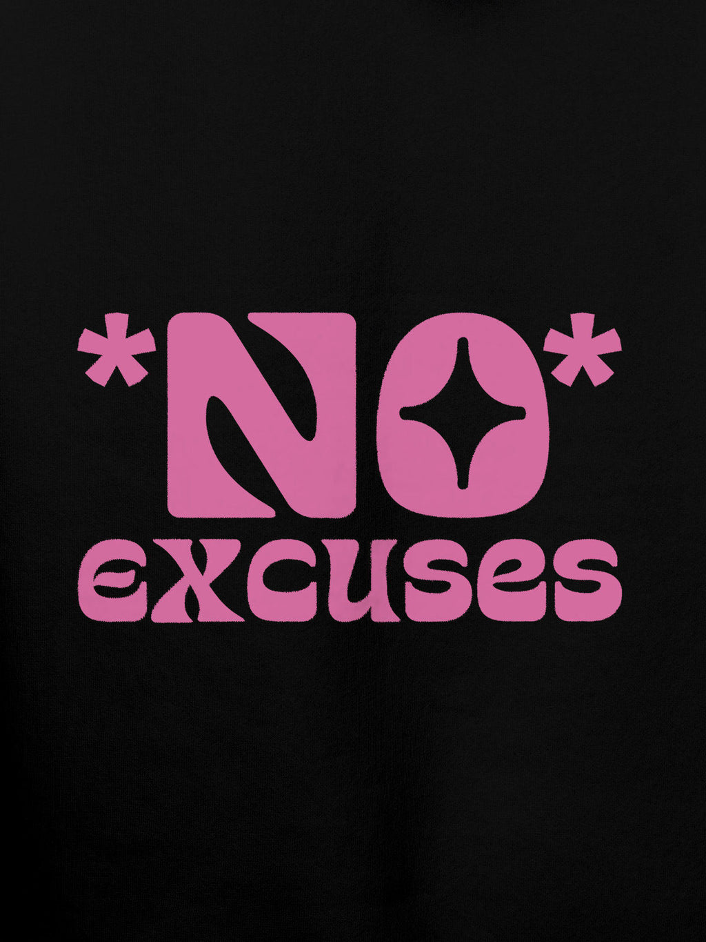 Close up of 'No Excuses' design on Men's Black Hoodie Sweatshirt, highlighting intricate details and vibrant print.