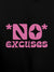 Close up of 'No Excuses' design on Men's Black Hoodie Sweatshirt, highlighting intricate details and vibrant print.