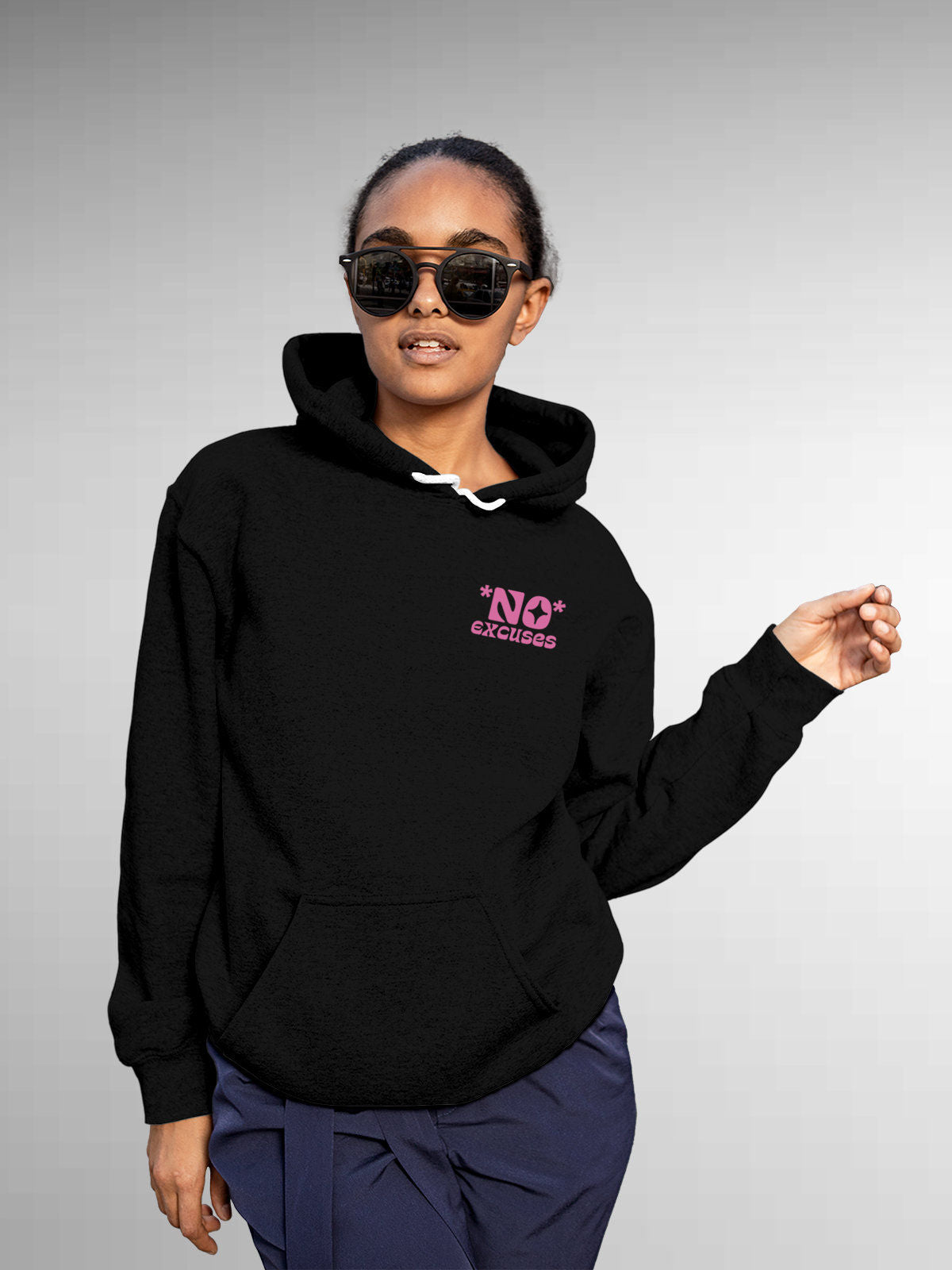 Model wearing Women's Black Hoodie Sweatshirt with 'No Excuses' design, offering effortless style and premium comfort
