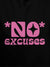 Close up of 'No Excuses' design on Women's Black Hoodie Sweatshirt, highlighting intricate details and vibrant print.