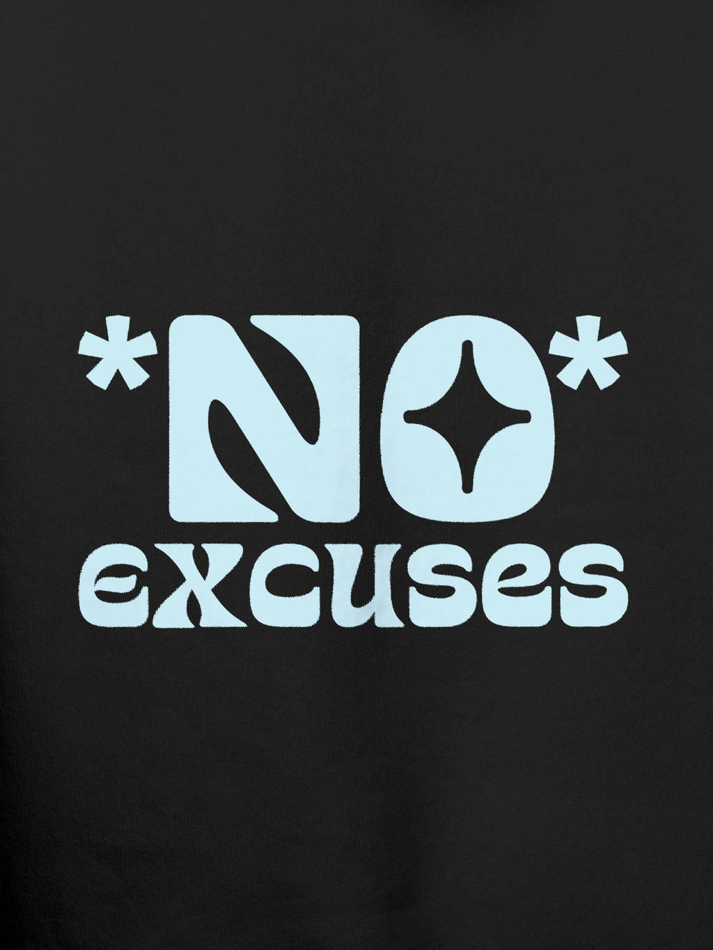 Close up of 'No Excuses' design on Men's Dark Grey Hoodie Sweatshirt, highlighting intricate details and vibrant print.