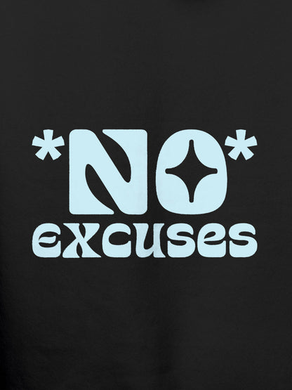 Close up of 'No Excuses' design on Men's Dark Grey Hoodie Sweatshirt, highlighting intricate details and vibrant print.