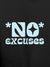 Close up of 'No Excuses' design on Men's Dark Grey Hoodie Sweatshirt, highlighting intricate details and vibrant print.