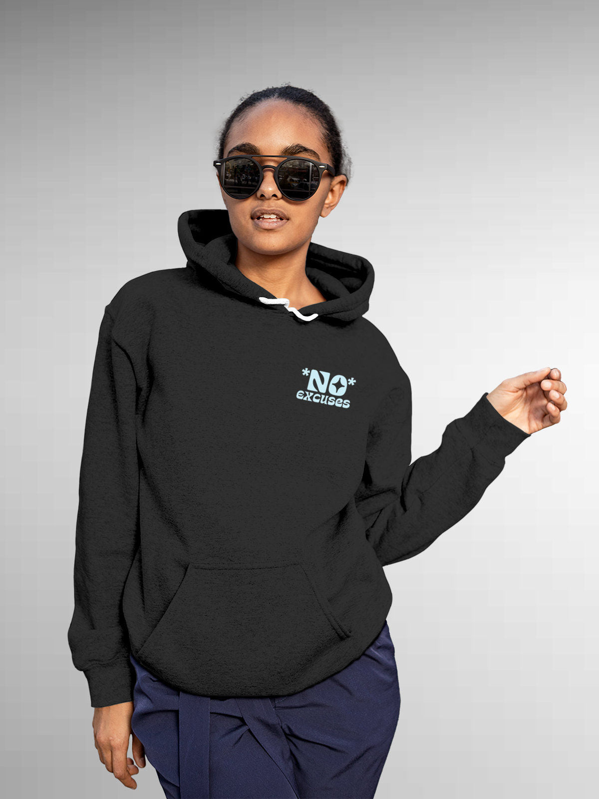 Model wearing Women's Dark Grey Hoodie Sweatshirt with 'No Excuses' design, offering effortless style and premium comfort