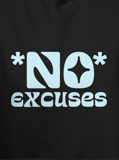 Close up of 'No Excuses' design on Women's Dark Grey Hoodie Sweatshirt, highlighting intricate details and vibrant print.