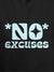 Close up of 'No Excuses' design on Women's Dark Grey Hoodie Sweatshirt, highlighting intricate details and vibrant print.