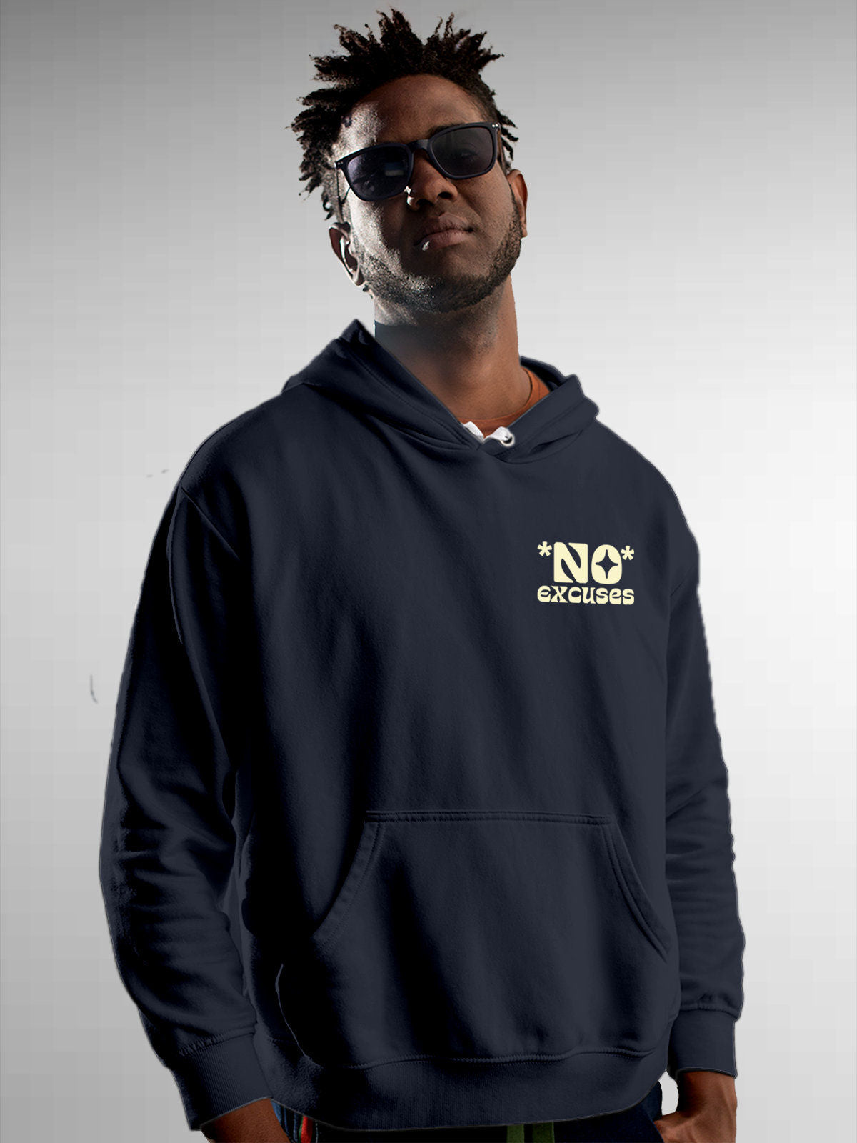 Model wearing Men's Navy Blue Hoodie Sweatshirt with 'No Excuses' design, offering effortless style and premium comfort