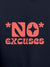 Close up of 'No Excuses' design on Men's Navy Blue Hoodie Sweatshirt, highlighting intricate details and vibrant print.