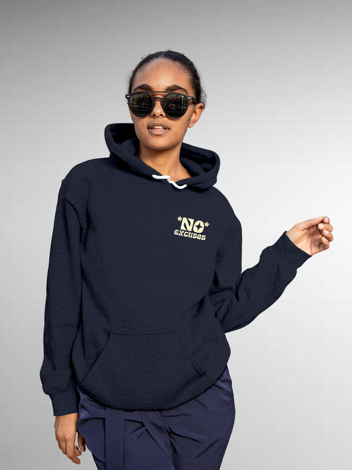 Model wearing Women's Navy Blue Hoodie Sweatshirt with 'No Excuses' design, offering effortless style and premium comfort