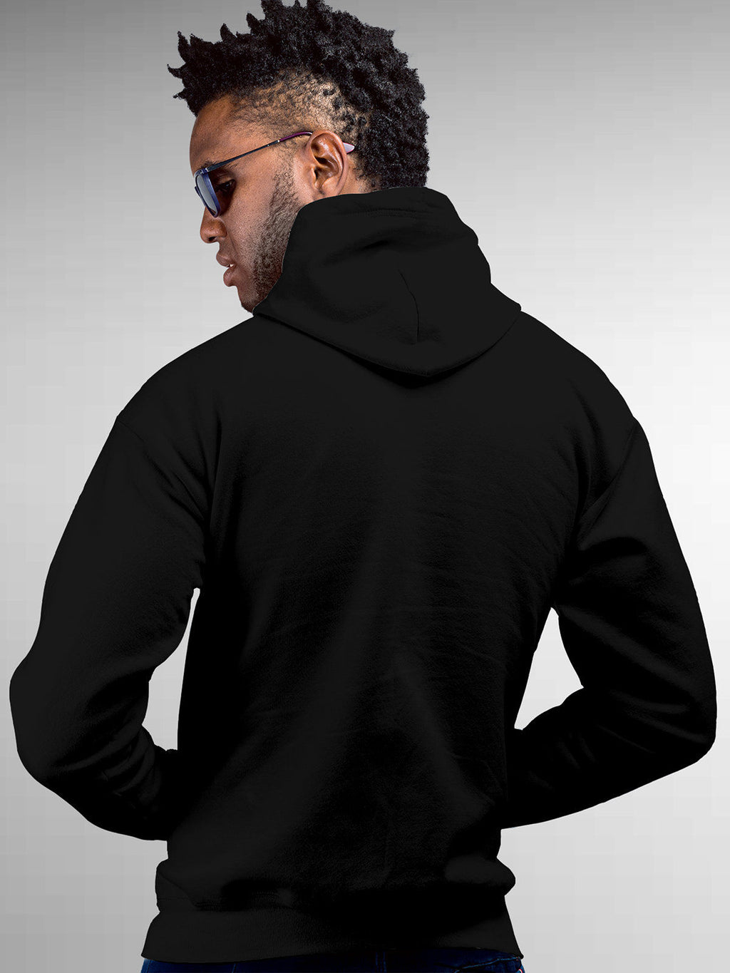 Back view of Fighterhero Men's Black Hoodie Sweatshirt, highlighting the modern look and clean finish