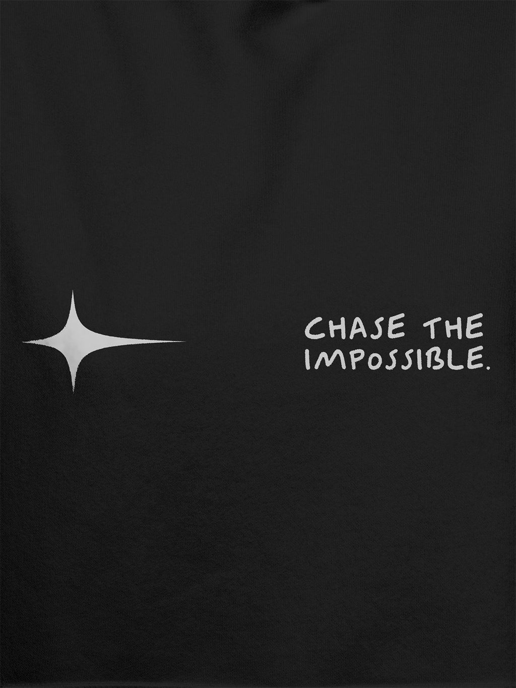 Close up of 'Chase The Impossible' design on Men's Dark Grey Hoodie Sweatshirt, highlighting intricate details and vibrant print.