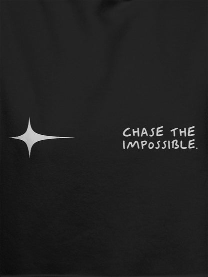 Close up of 'Chase The Impossible' design on Men's Dark Grey Hoodie Sweatshirt, highlighting intricate details and vibrant print.