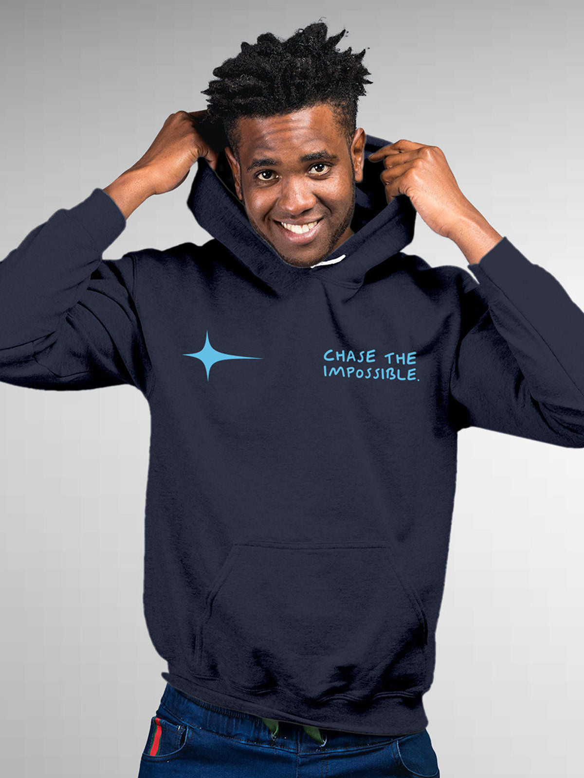 Model wearing Men's Navy Blue Hoodie Sweatshirt with 'Chase The Impossible' design, offering effortless style and premium comfort