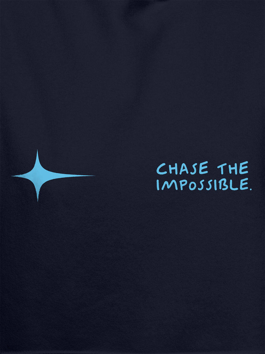 Close up of 'Chase The Impossible' design on Men's Navy Blue Hoodie Sweatshirt, highlighting intricate details and vibrant print.