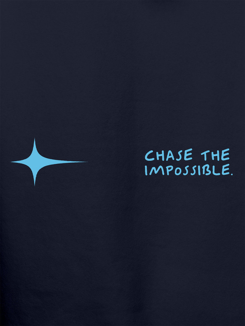 Close up of 'Chase The Impossible' design on Women's Navy Blue Hoodie Sweatshirt, highlighting intricate details and vibrant print.