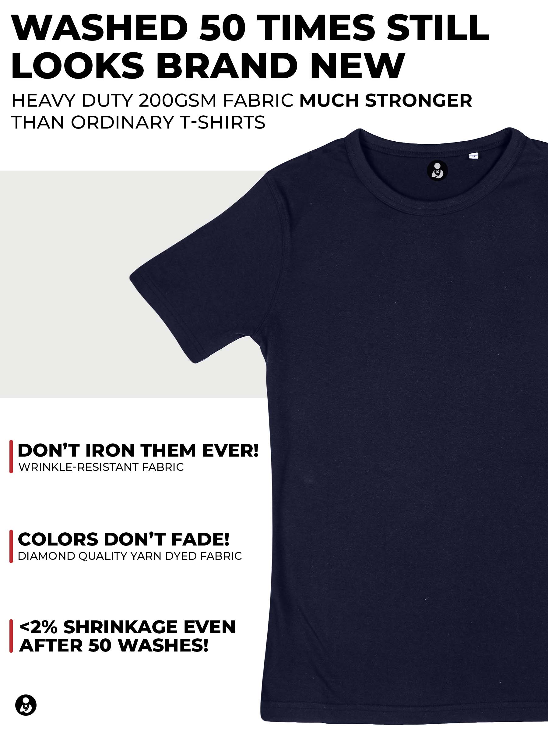 Men's Navy Blue Round Neck T-shirt made of 200 GSM strong, wrinkle-resistant fabric that doesn't lose color or shape.