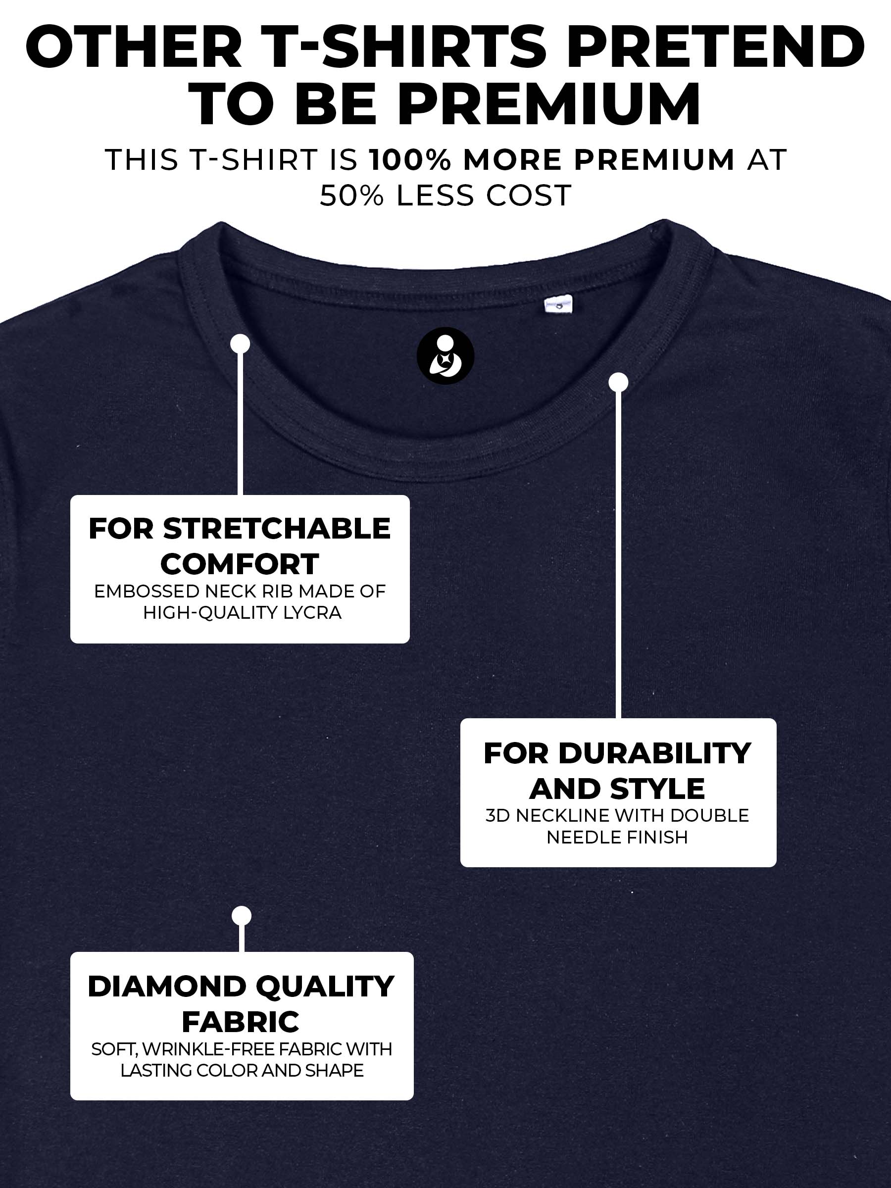 Men's Navy Blue Round Neck T-shirt having 3D Neckline with Double Needle Finish & Embossed Lycra Rib, for a premium look.