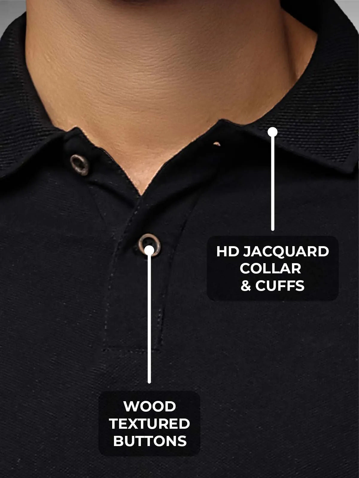 Men's Black Polo T-shirt with HD Jacquard Collar, Cuffs, and Wood-Textured Buttons, for a premium look.