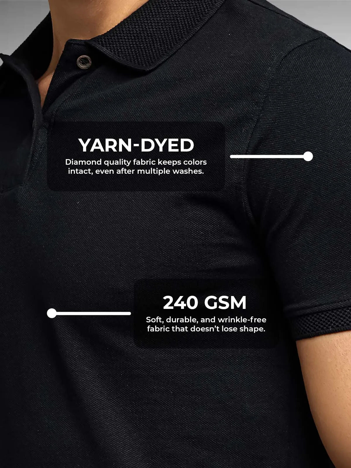 Men's Black Polo T-shirt made of 240 GSM strong, wrinkle-resistant fabric that doesn't lose color or shape.