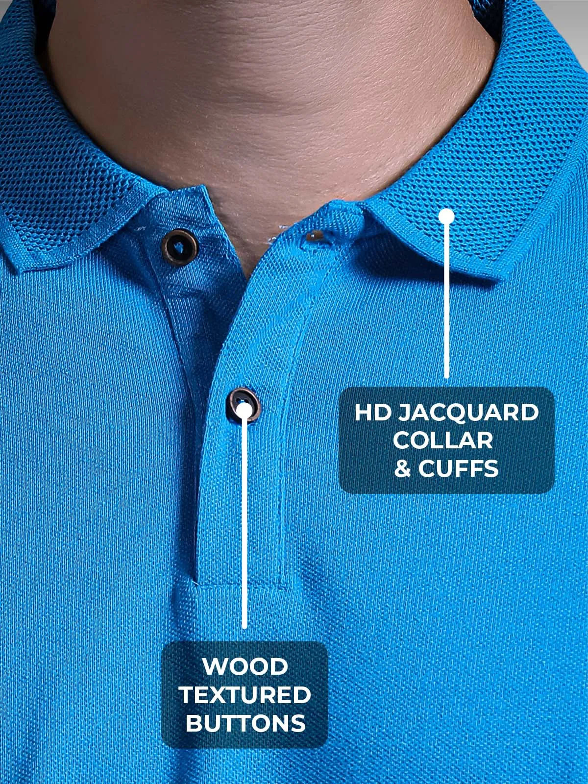 Women's Blue Polo T-shirt with HD Jacquard Collar, Cuffs, and Wood-Textured Buttons, for a premium look.