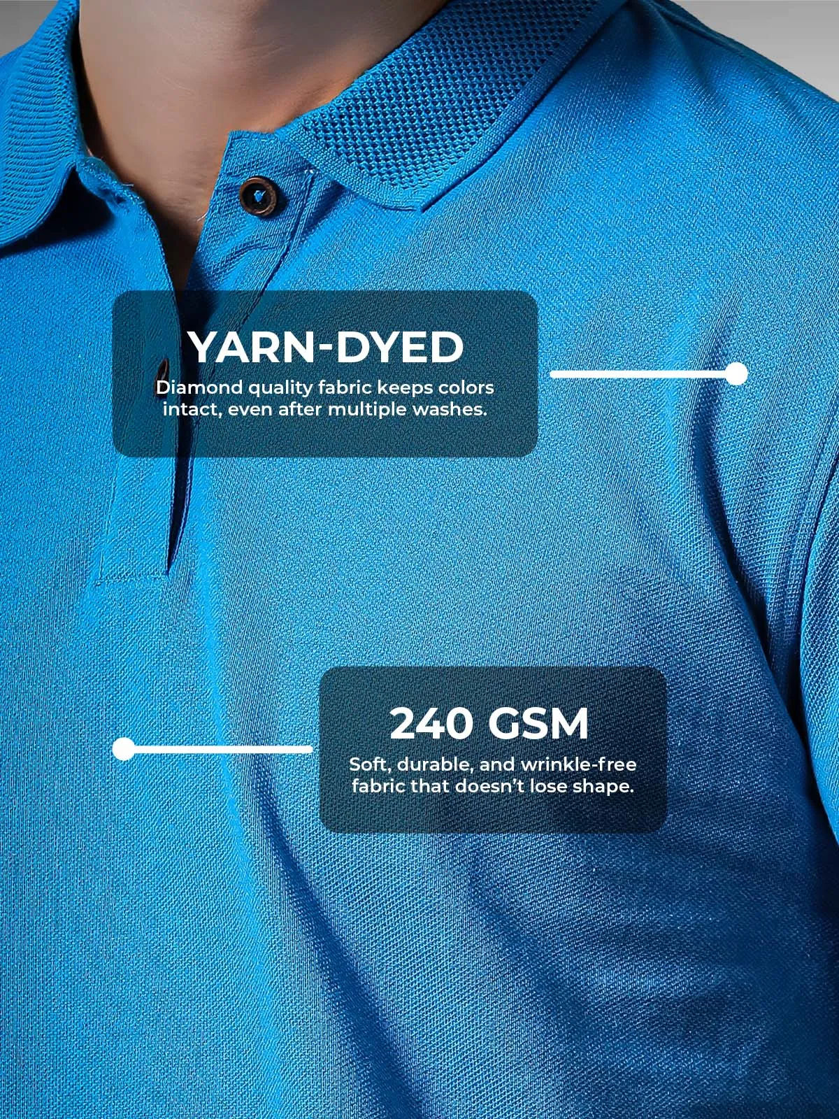 Men's Blue Polo T-shirt made of 240 GSM strong, wrinkle-resistant fabric that doesn't lose color or shape.