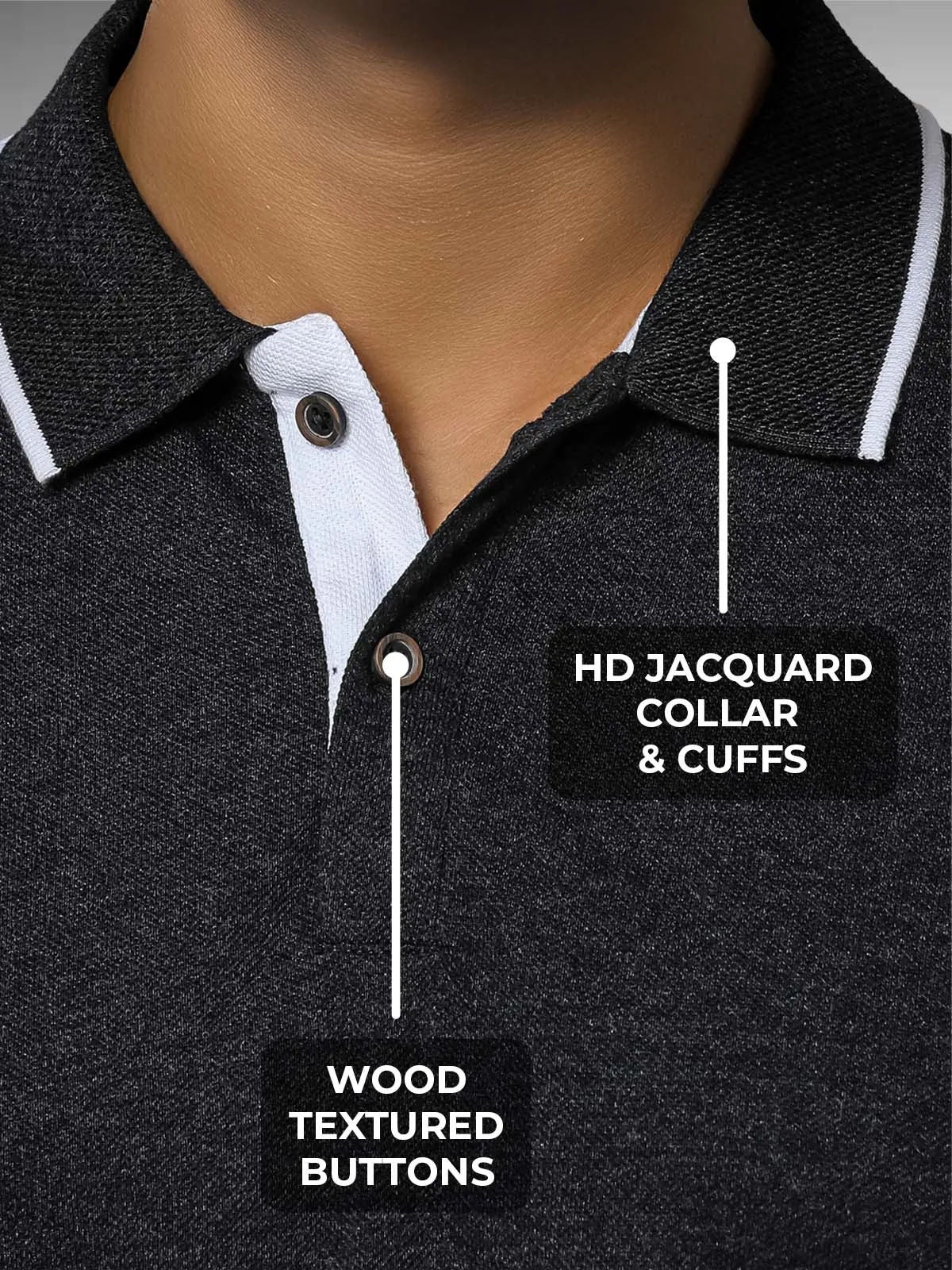 Men's Dark Grey Polo T-shirt with HD Jacquard Collar, Cuffs, and Wood-Textured Buttons, for a premium look.