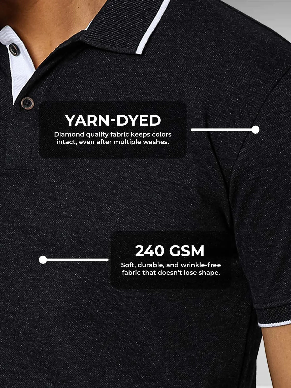 Men's Dark Grey Polo T-shirt made of 240 GSM strong, wrinkle-resistant fabric that doesn't lose color or shape.