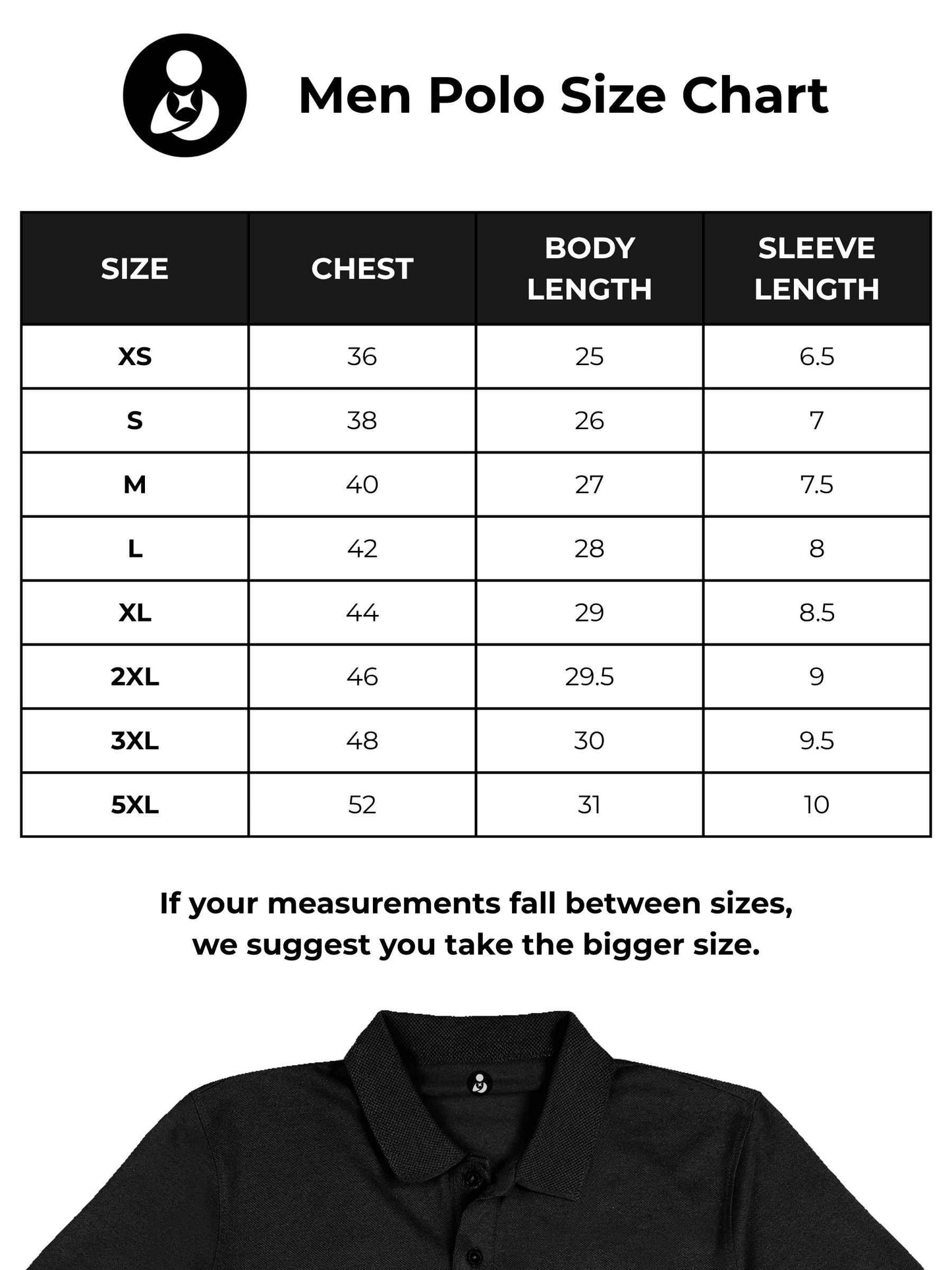 Size chart for Fighterhero Men's Black Polo T-shirt with 'Free & Boundless' design