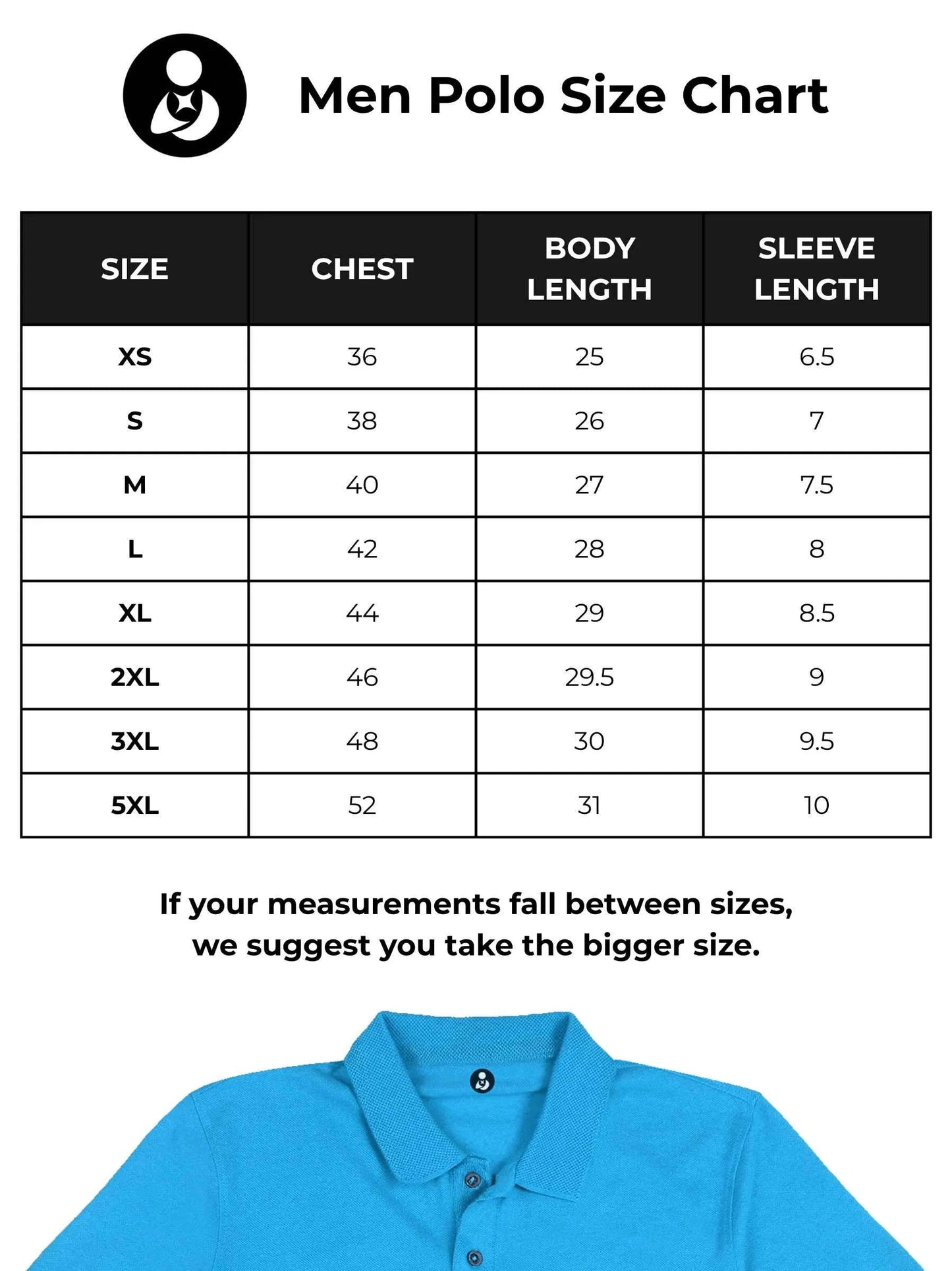 Size chart for Fighterhero Men's Blue Polo T-shirt with 'Free & Boundless' design