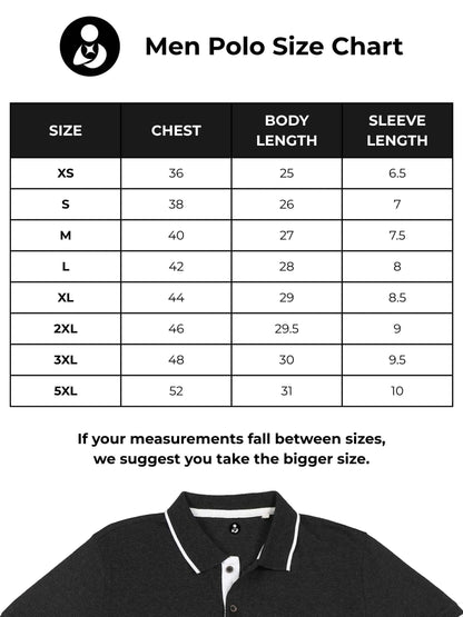 Size chart for Fighterhero Men's Dark Grey Polo T-shirt with 'There's Always a Sunrise' design