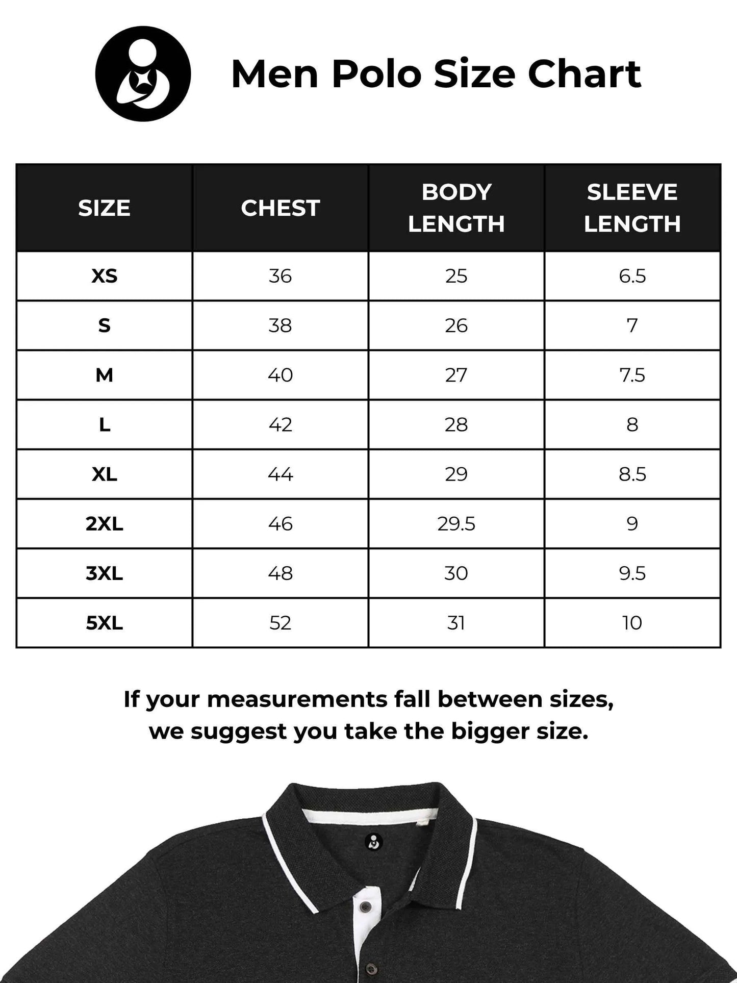 Size chart for Fighterhero Men's Dark Grey Polo T-shirt with 'Free & Boundless' design