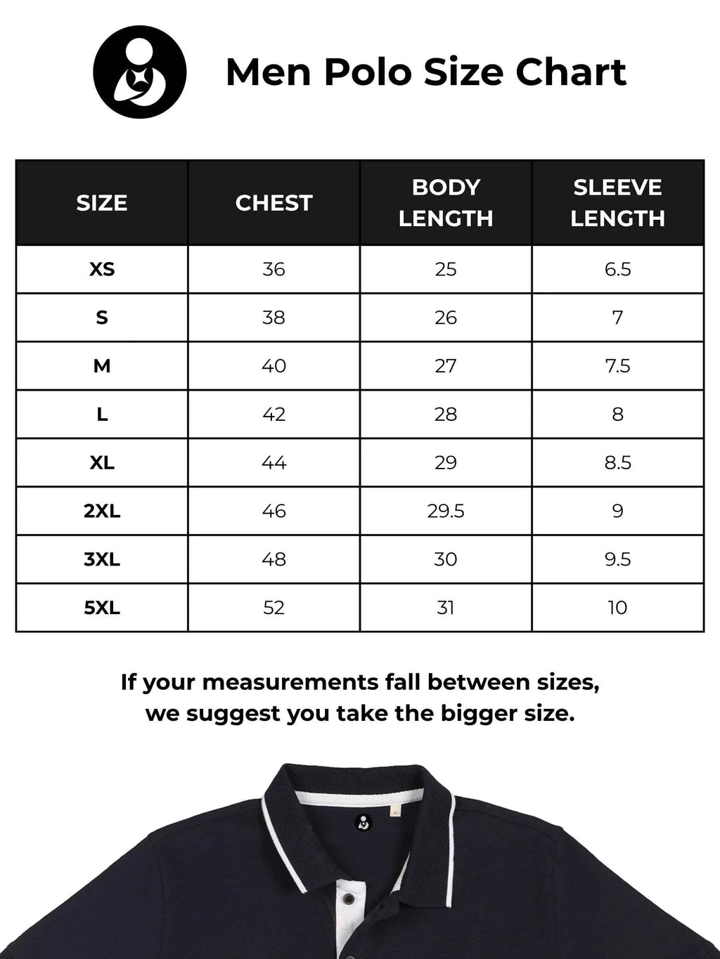 Size chart for Fighterhero Men's Navy Blue Polo T-shirt with 'Unshaken Foundation' design
