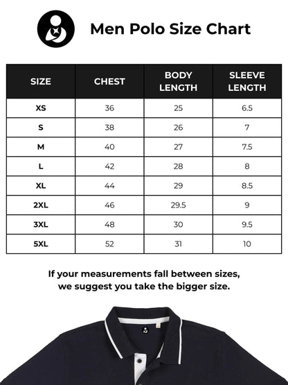 Size chart for Fighterhero Men's Navy Blue Polo T-shirt with 'Raise The Bar' design