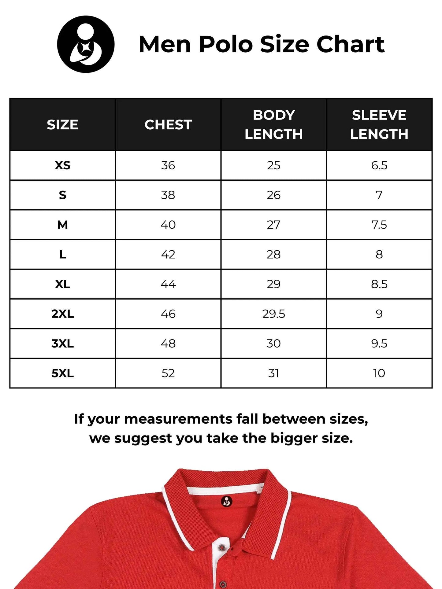 Size chart for Fighterhero Men's Red Polo T-shirt with 'Free & Boundless' design