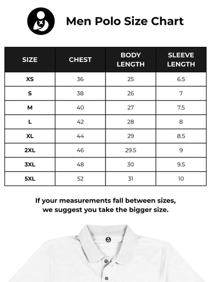 Size chart for Fighterhero Men's White Polo T-shirt with 'Chase The Impossible' design