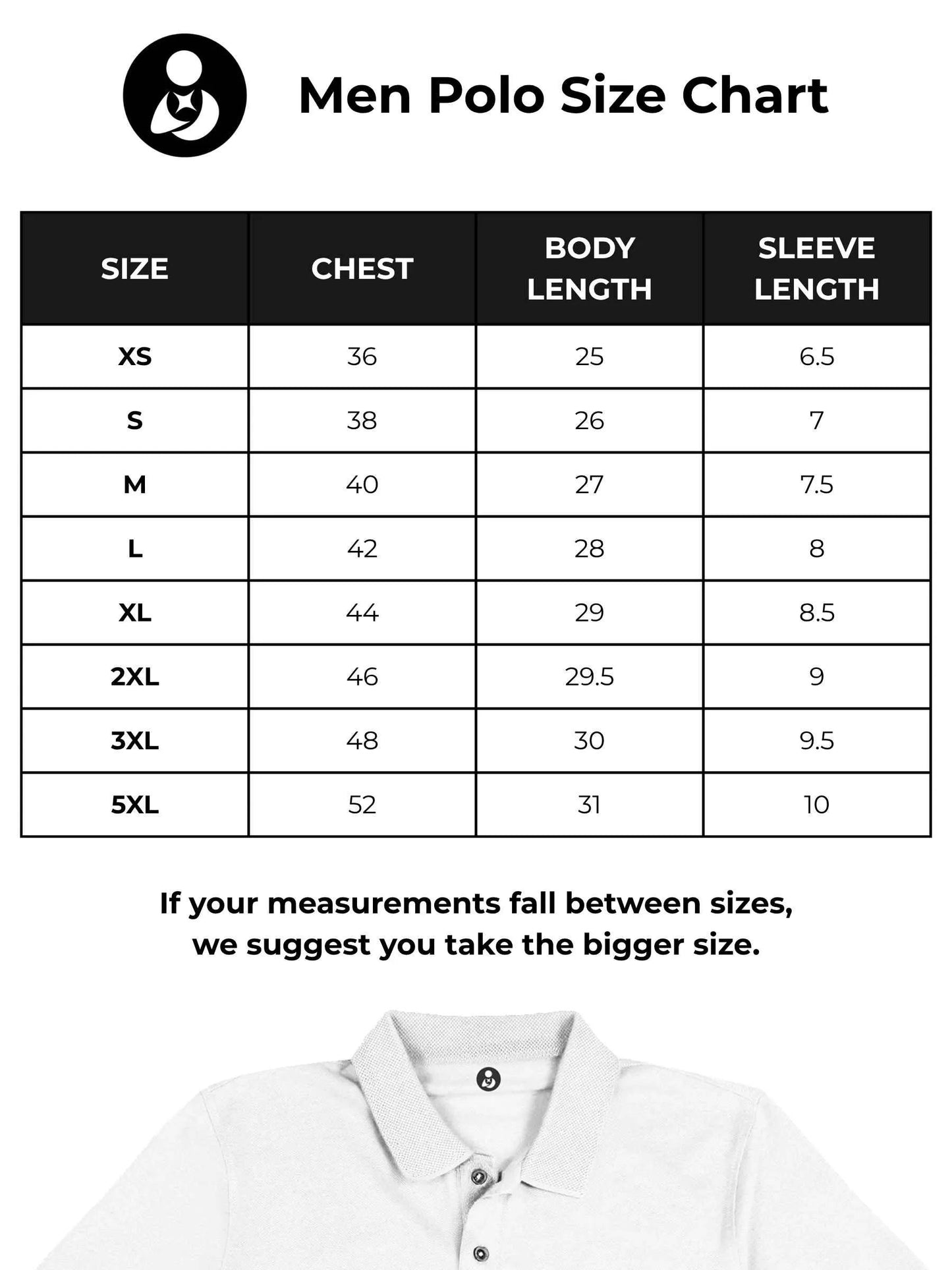 Size chart for Fighterhero Men's White Polo T-shirt with 'Free & Boundless' design