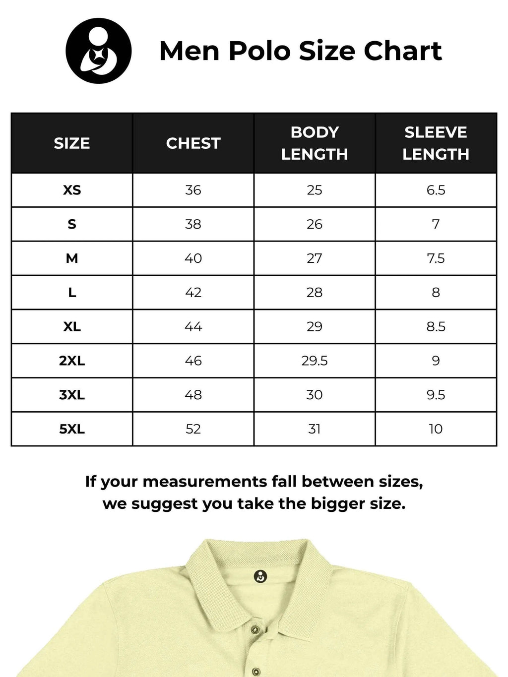 Size chart for Fighterhero Men's Yellow Polo T-shirt with 'Chase The Impossible' design