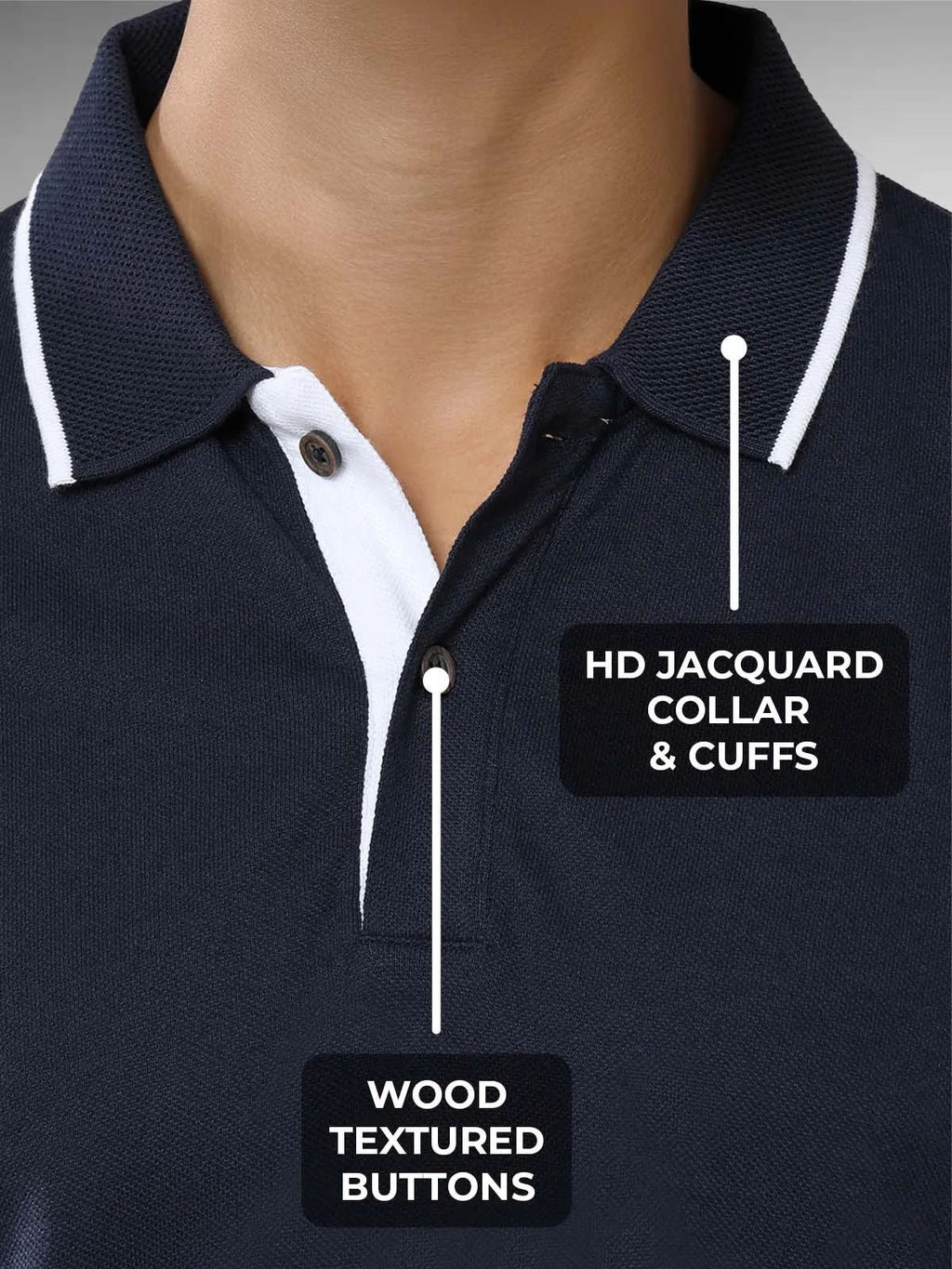 Women's Navy Blue Polo T-shirt with HD Jacquard Collar, Cuffs, and Wood-Textured Buttons, for a premium look.