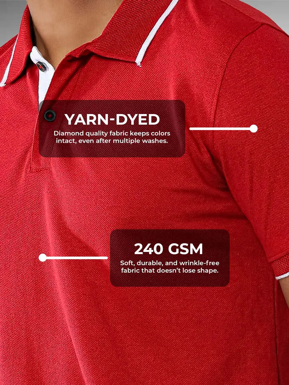 Men's Red Polo T-shirt made of 240 GSM strong, wrinkle-resistant fabric that doesn't lose color or shape.