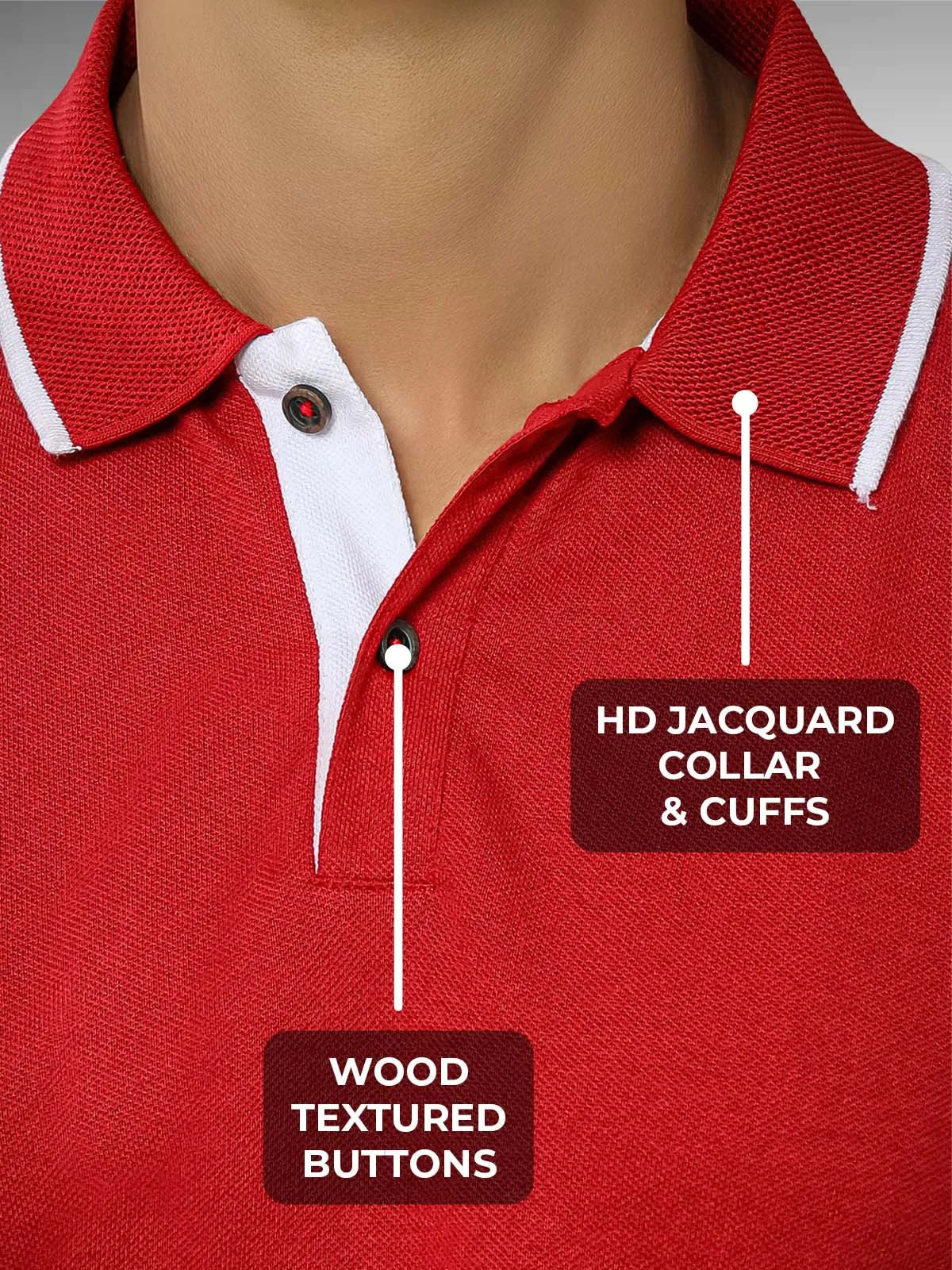 Men's Red Polo T-shirt with HD Jacquard Collar, Cuffs, and Wood-Textured Buttons, for a premium look.