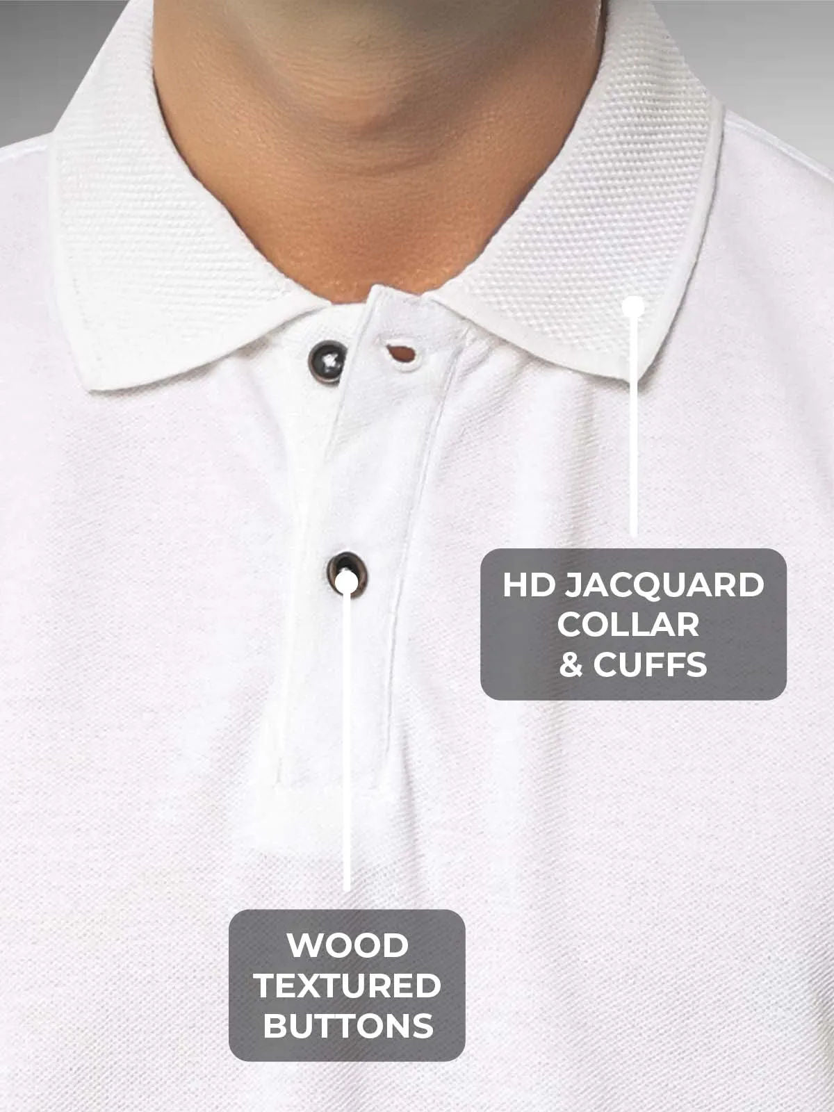 Men's White Polo T-shirt with HD Jacquard Collar, Cuffs, and Wood-Textured Buttons, for a premium look.