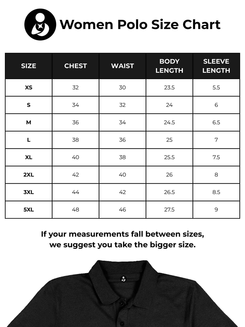Size chart for Fighterhero Women's Black Polo T-shirt with 'Chase The Impossible' design