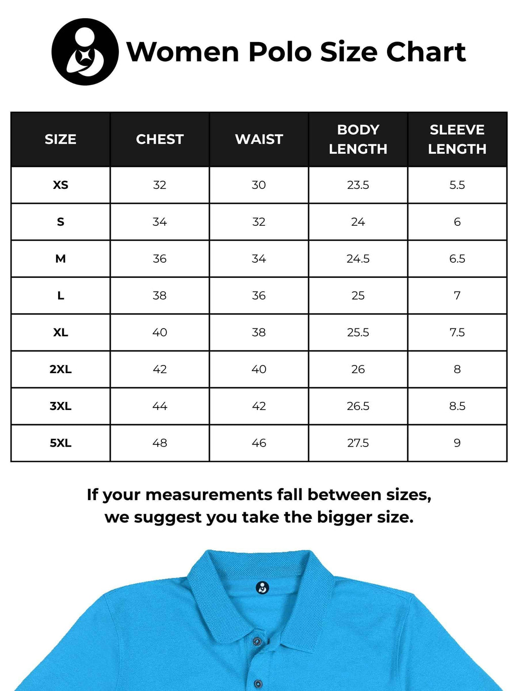 Size chart for Fighterhero Women's Blue Polo T-shirt with 'Chase The Impossible' design