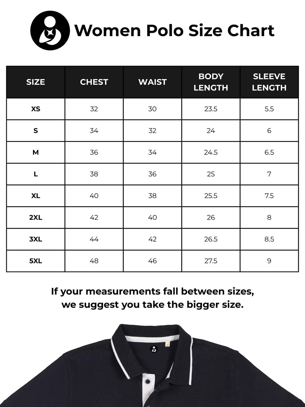 Size chart for Fighterhero Women's Navy Blue Polo T-shirt with 'Chase The Impossible' design
